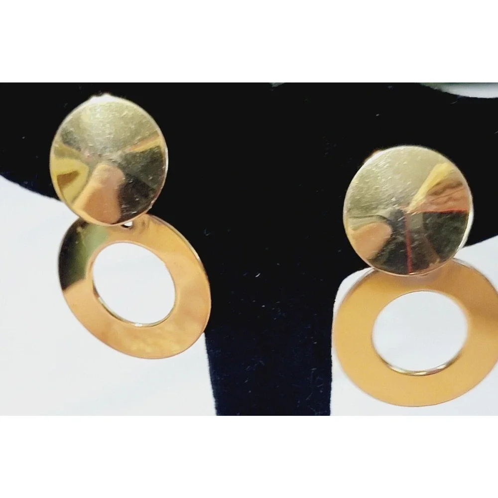 Double Circle‎ Dangle Pierced Earrings, 1.5” Shiny Gold-tone Retro Jewelry gp-4
